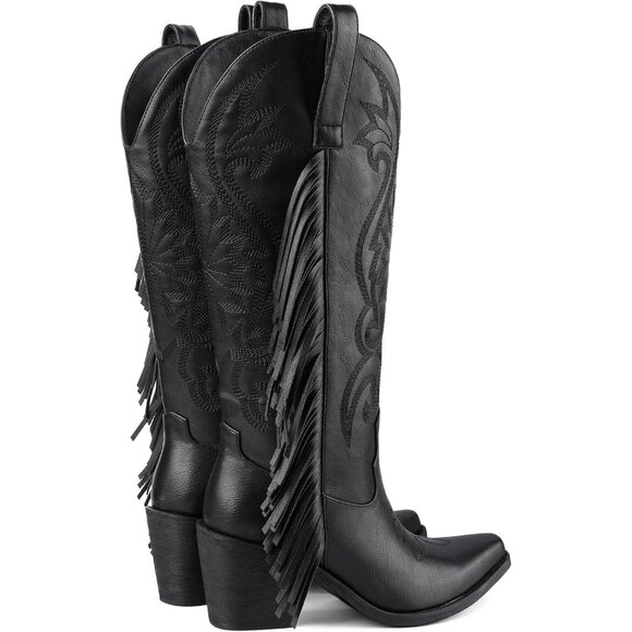 Women's Black Pointed Toe Wide Calf Fringe Cowgirl Knee High Chunky Heel Boots - Picture 7 of 7